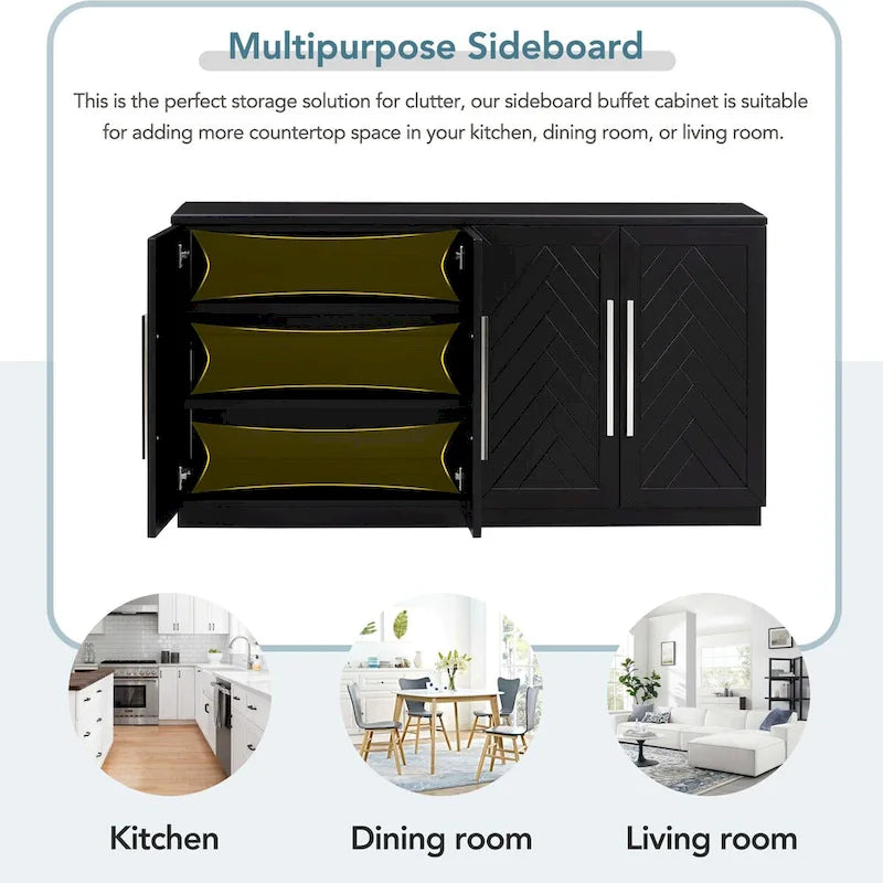 Sideboard with 4 Doors Large Storage Space Buffet Cabinet with Adjustable Shelves and Silver Handles for Kitchen