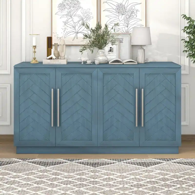 Sideboard with 4 Doors Large Storage Space Buffet Cabinet with Adjustable Shelves and Silver Handles for Kitchen