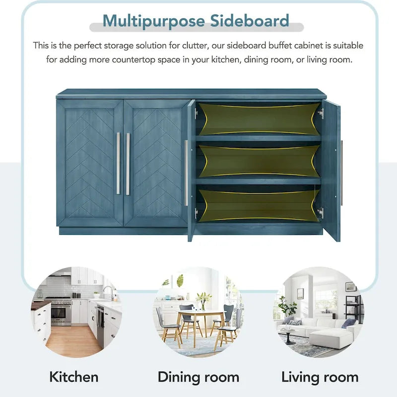 Sideboard with 4 Doors Large Storage Space Buffet Cabinet with Adjustable Shelves and Silver Handles for Kitchen
