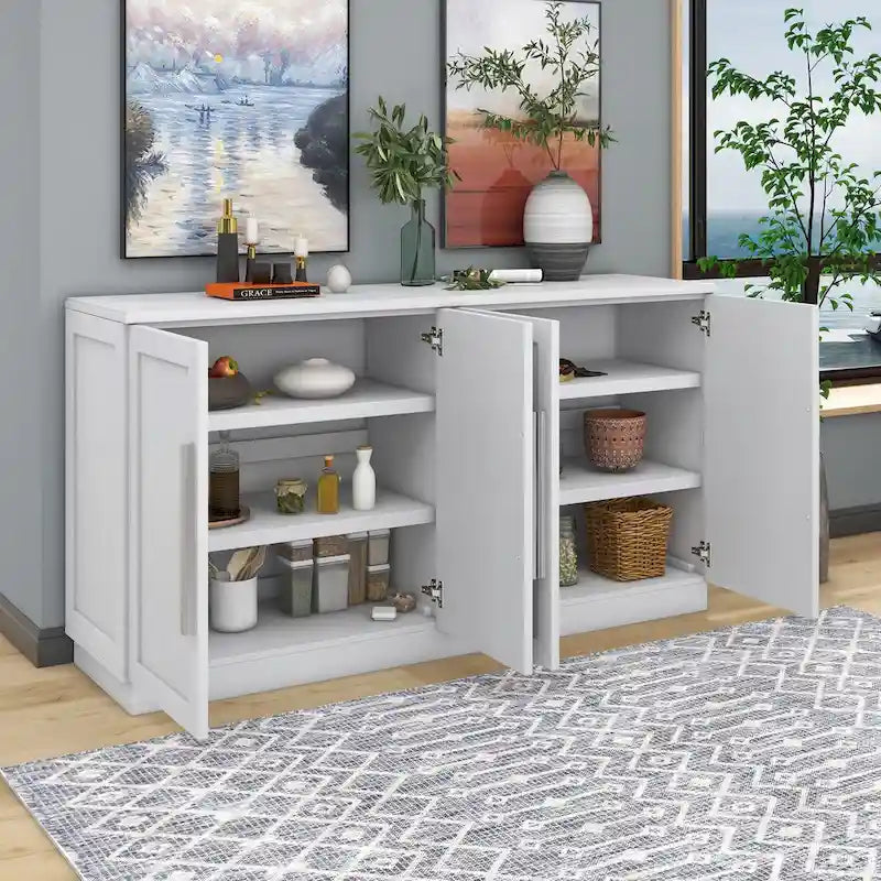 Sideboard with 4 Doors Large Storage Space Buffet Cabinet with Adjustable Shelves and Silver Handles for Kitchen