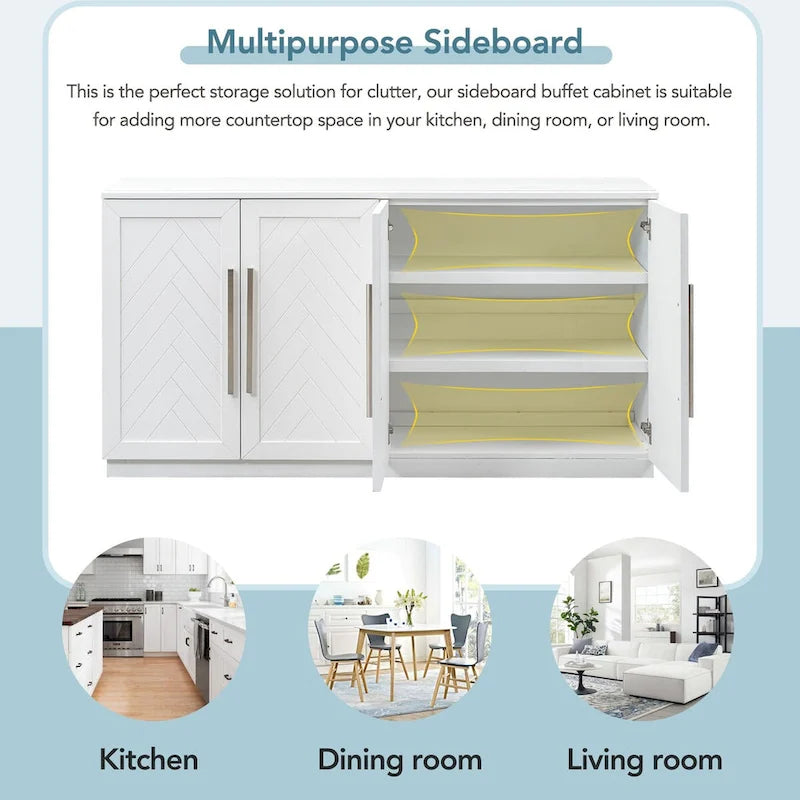 Sideboard with 4 Doors Large Storage Space Buffet Cabinet with Adjustable Shelves and Silver Handles for Kitchen