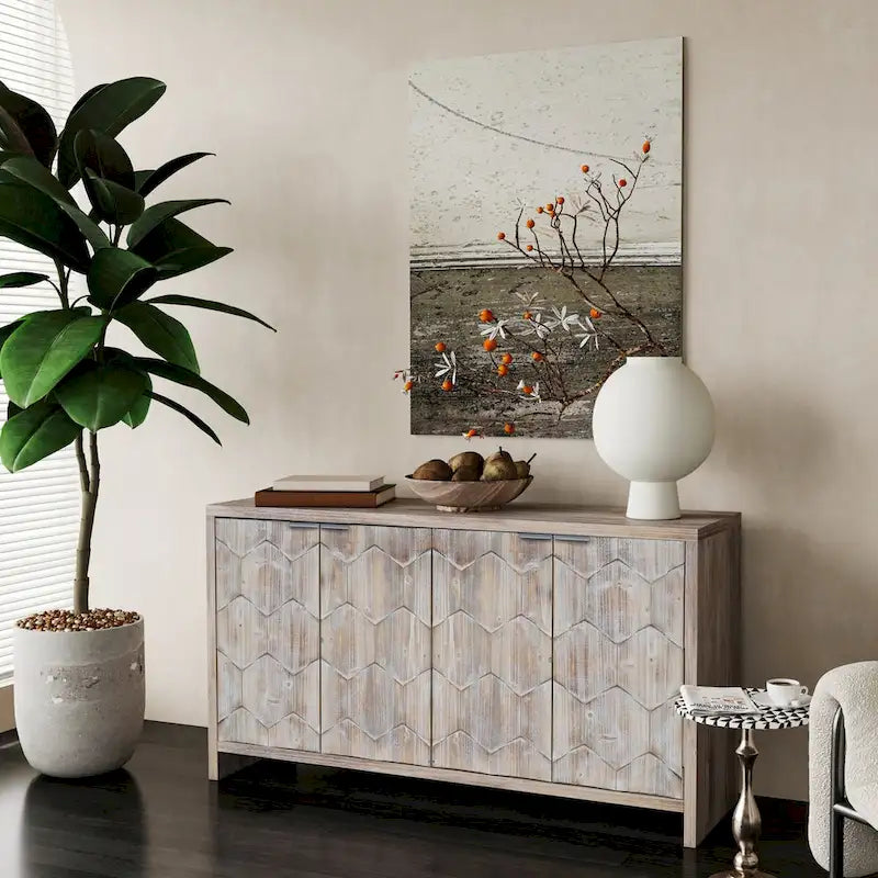 Accent Cabinet Farmhouse Style 4 Door Wooden Cabinet Sideboard Buffet Server Cabinet Storage Cabinet, for Living Room