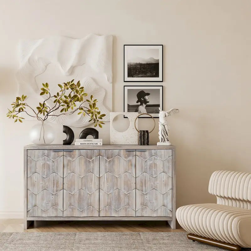 Accent Cabinet Farmhouse Style 4 Door Wooden Cabinet Sideboard Buffet Server Cabinet Storage Cabinet, for Living Room