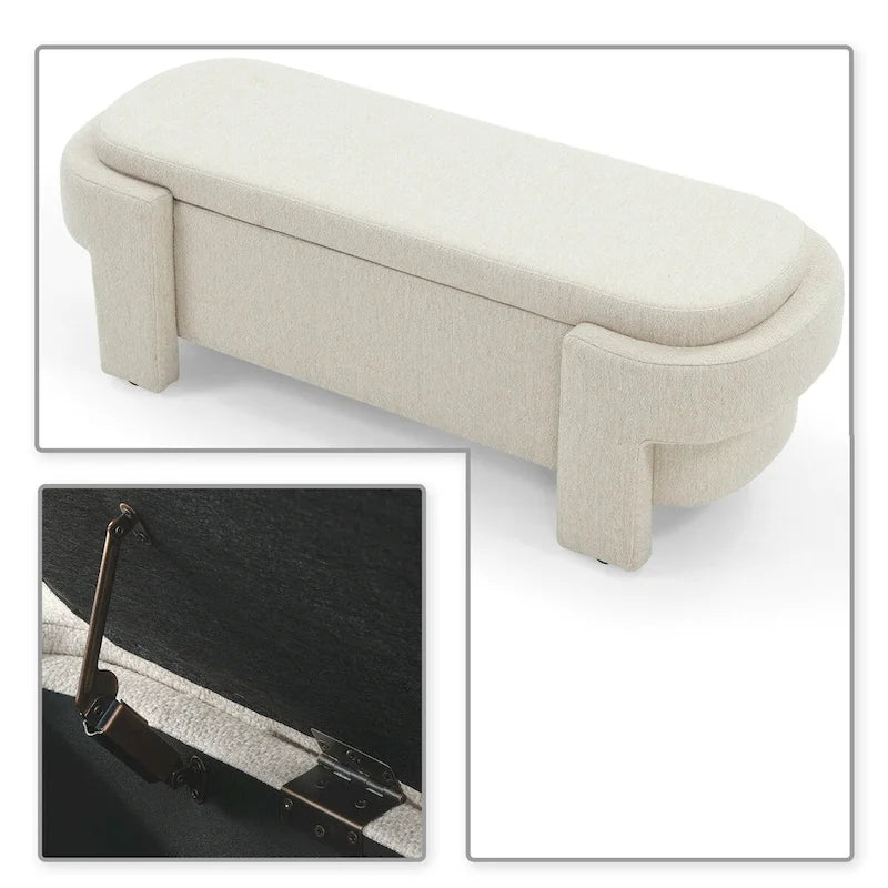 French Minimalist Fabric Upholstered Storage Bench with Four Upholstered Legs