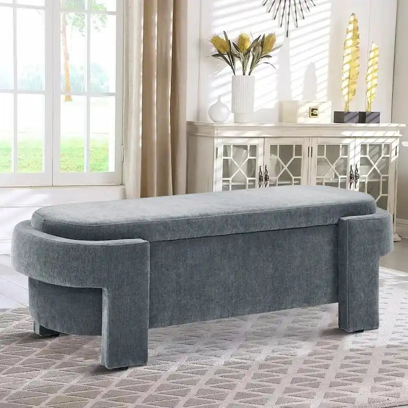 French Minimalist Fabric Upholstered Storage Bench with Four Upholstered Legs