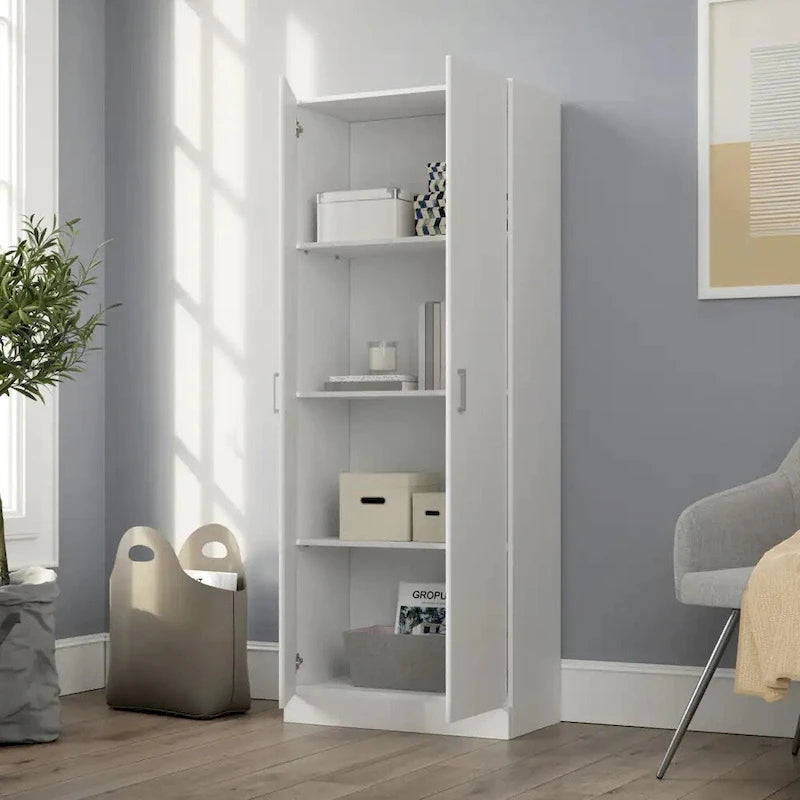 60 Tall White Double Door Cabinet, Freestanding Cupboard Closet Storage Organizer with 4 Tier Shelves