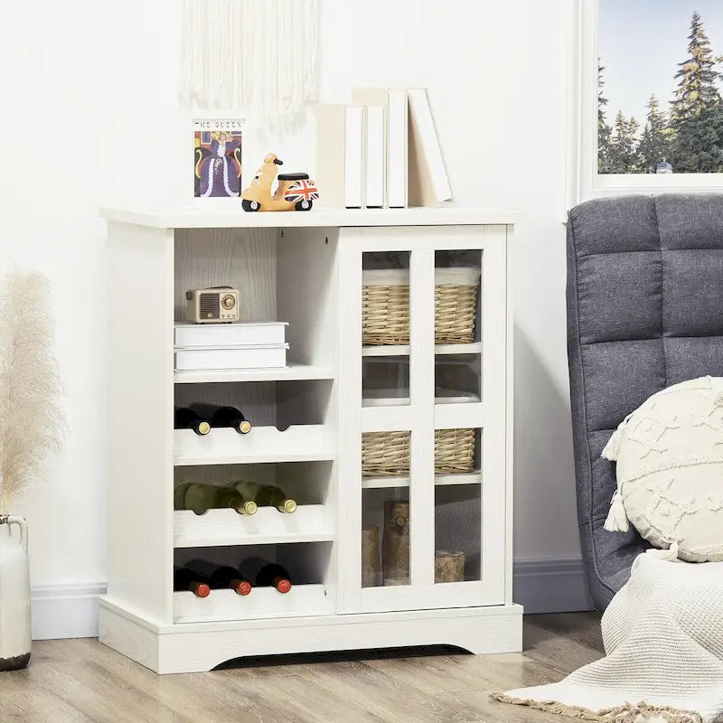 Modern Buffet Cabinet with Wine Racks, Sliding Glass Door & Storage Shelves