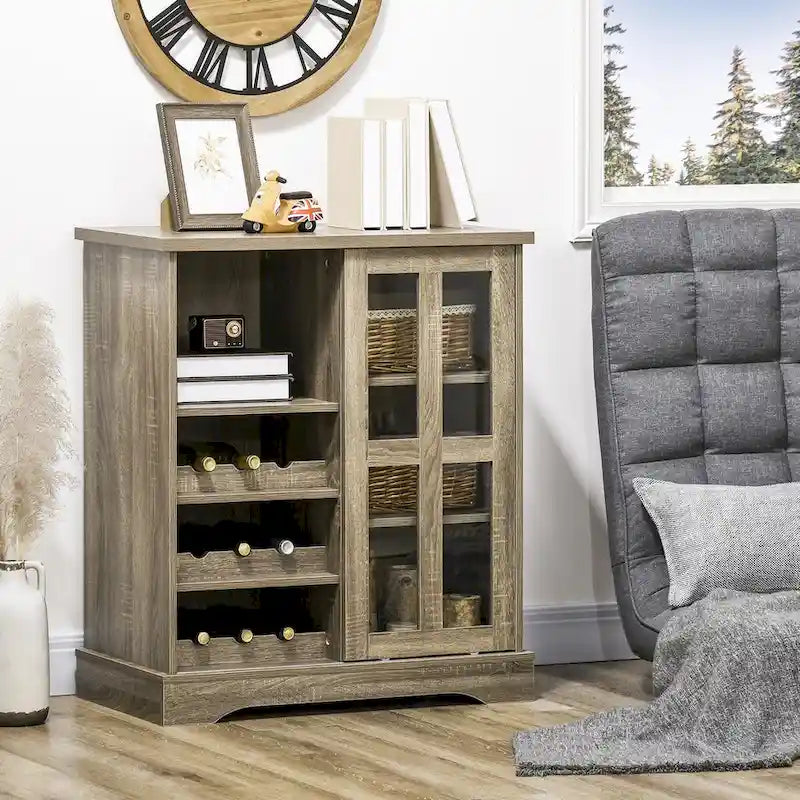 Modern Buffet Cabinet with Wine Racks, Sliding Glass Door & Storage Shelves