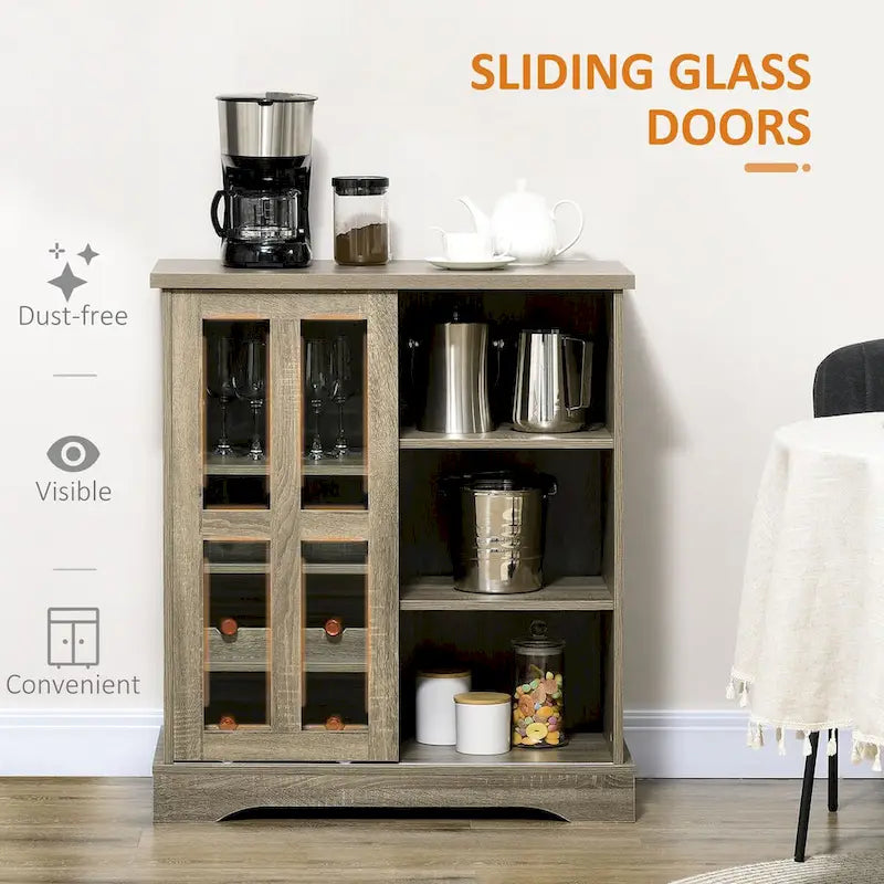 Modern Buffet Cabinet with Wine Racks, Sliding Glass Door & Storage Shelves
