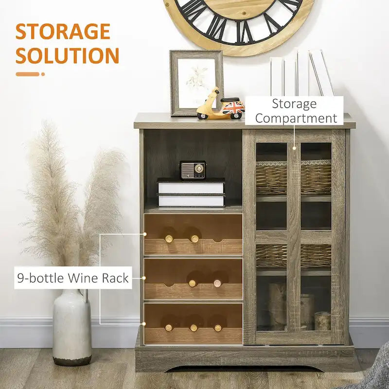 Modern Buffet Cabinet with Wine Racks, Sliding Glass Door & Storage Shelves