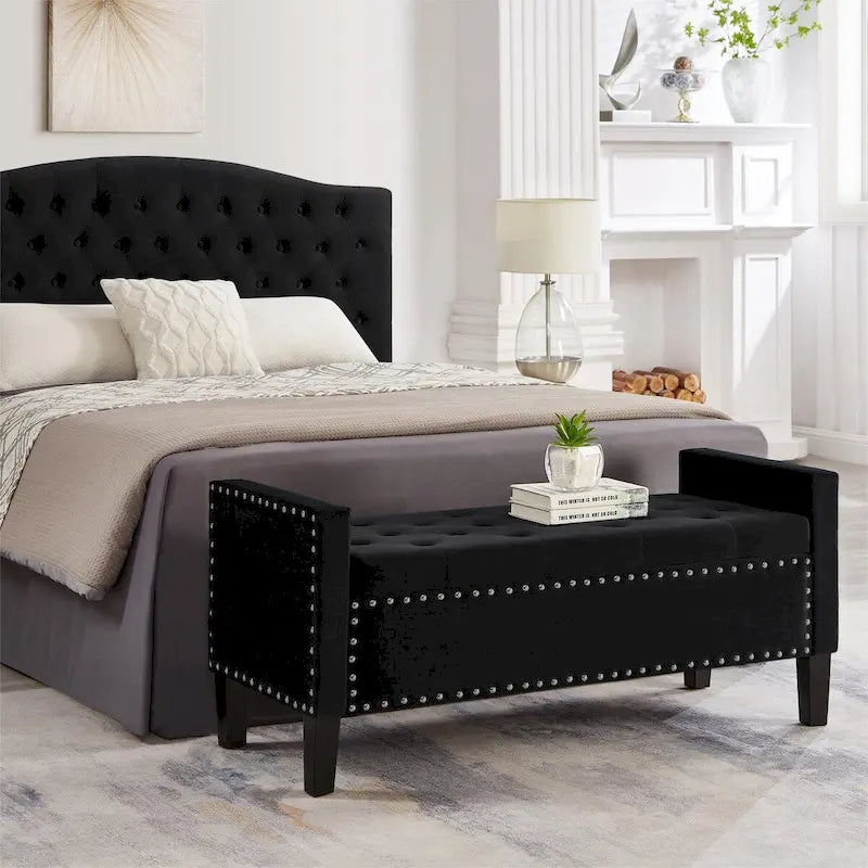 Upholstered Tufted Button Storage Bench with Nailhead Trim
