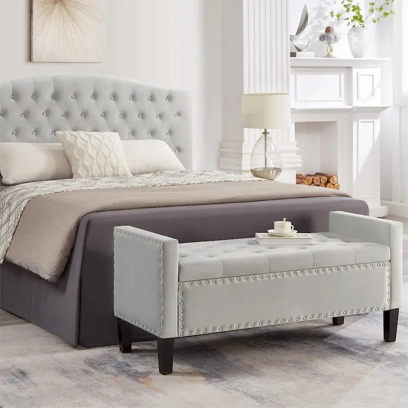 Upholstered Tufted Button Storage Bench with Nailhead Trim