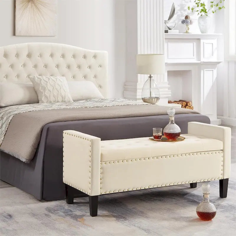 Upholstered Tufted Button Storage Bench with Nailhead Trim