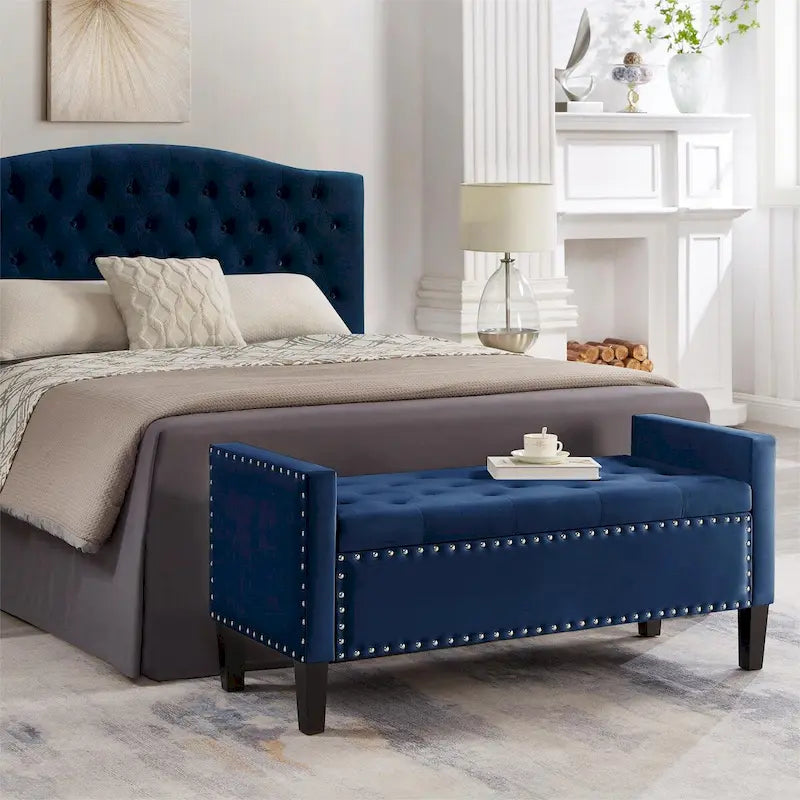 Upholstered Tufted Button Storage Bench with Nailhead Trim