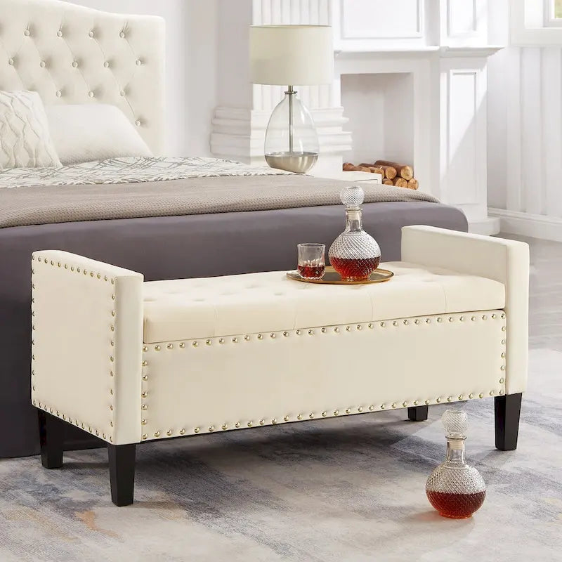 Upholstered Tufted Button Storage Bench with Nailhead Trim