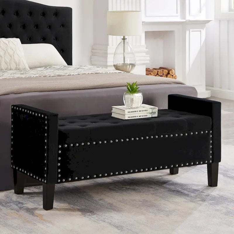 Upholstered Tufted Button Storage Bench with Nailhead Trim