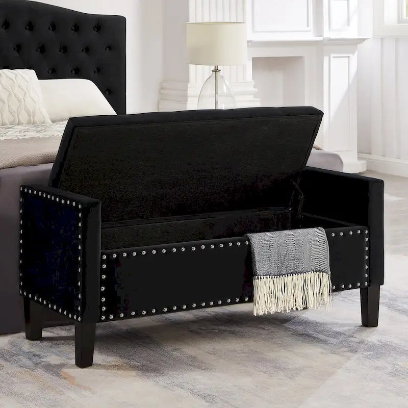 Upholstered Tufted Button Storage Bench with Nailhead Trim