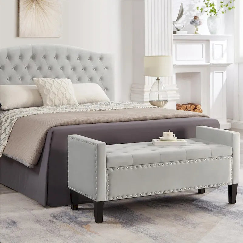 Upholstered Tufted Button Storage Bench with Nailhead Trim