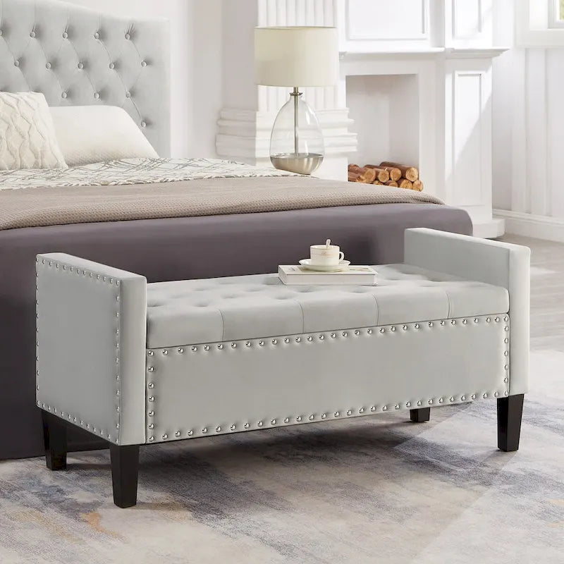 Upholstered Tufted Button Storage Bench with Nailhead Trim