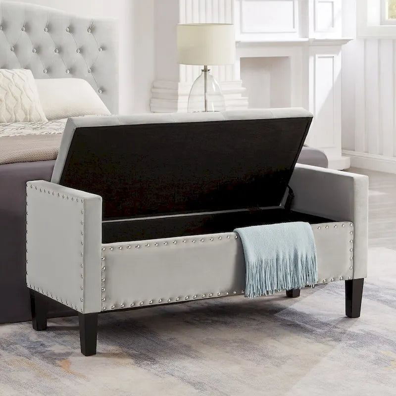 Upholstered Tufted Button Storage Bench with Nailhead Trim