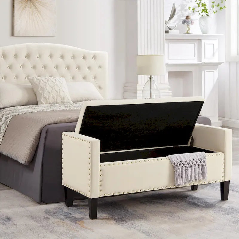 Upholstered Tufted Button Storage Bench with Nailhead Trim