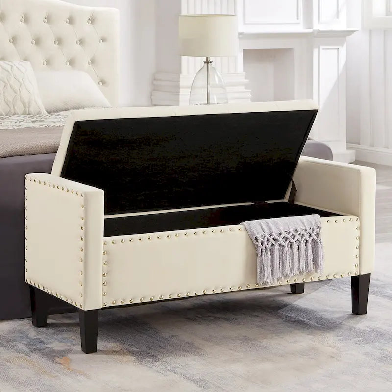 Upholstered Tufted Button Storage Bench with Nailhead Trim
