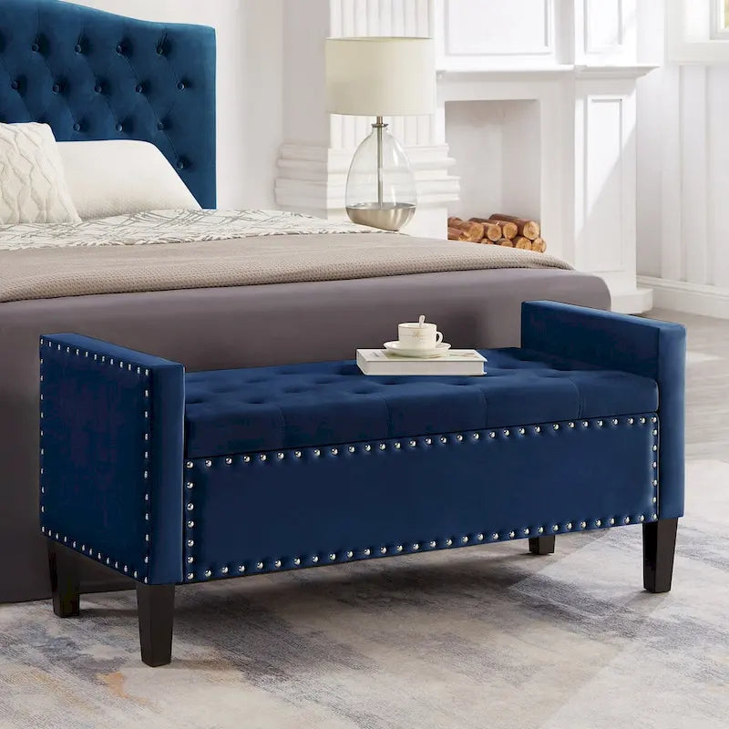 Upholstered Tufted Button Storage Bench with Nailhead Trim