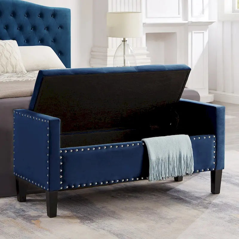 Upholstered Tufted Button Storage Bench with Nailhead Trim