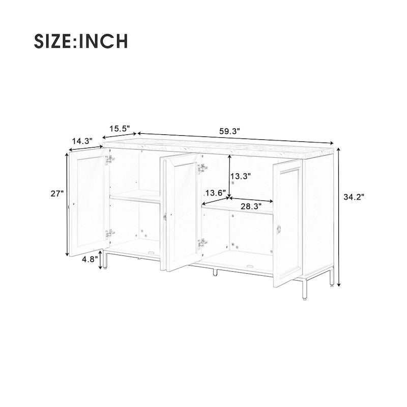 Modern Sideboard with 4 door cabinet with Metal Handles and Adjustable Shelves