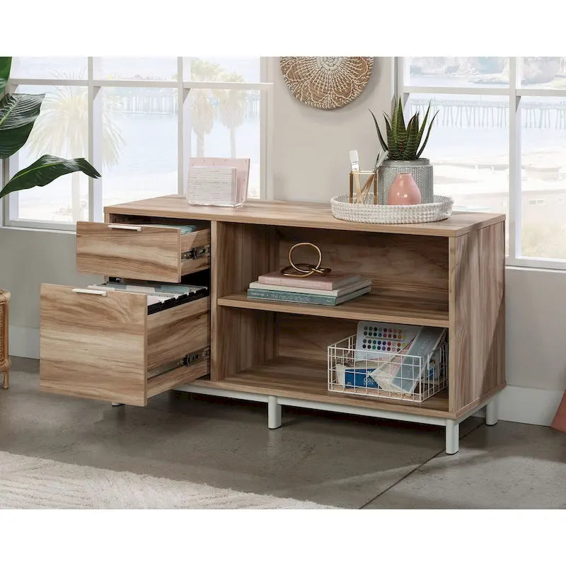 File Credenza with Drawers and Open Shelving - Kiln Acacia
