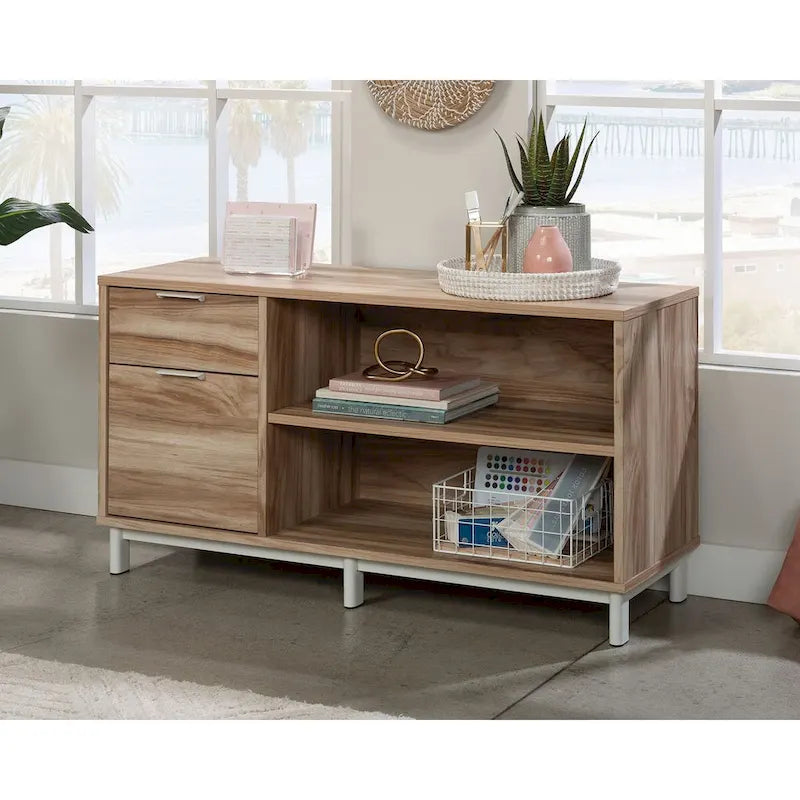 File Credenza with Drawers and Open Shelving - Kiln Acacia