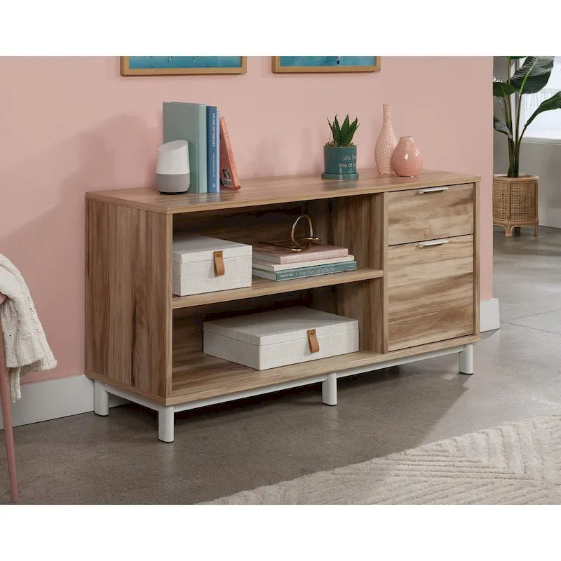 File Credenza with Drawers and Open Shelving - Kiln Acacia