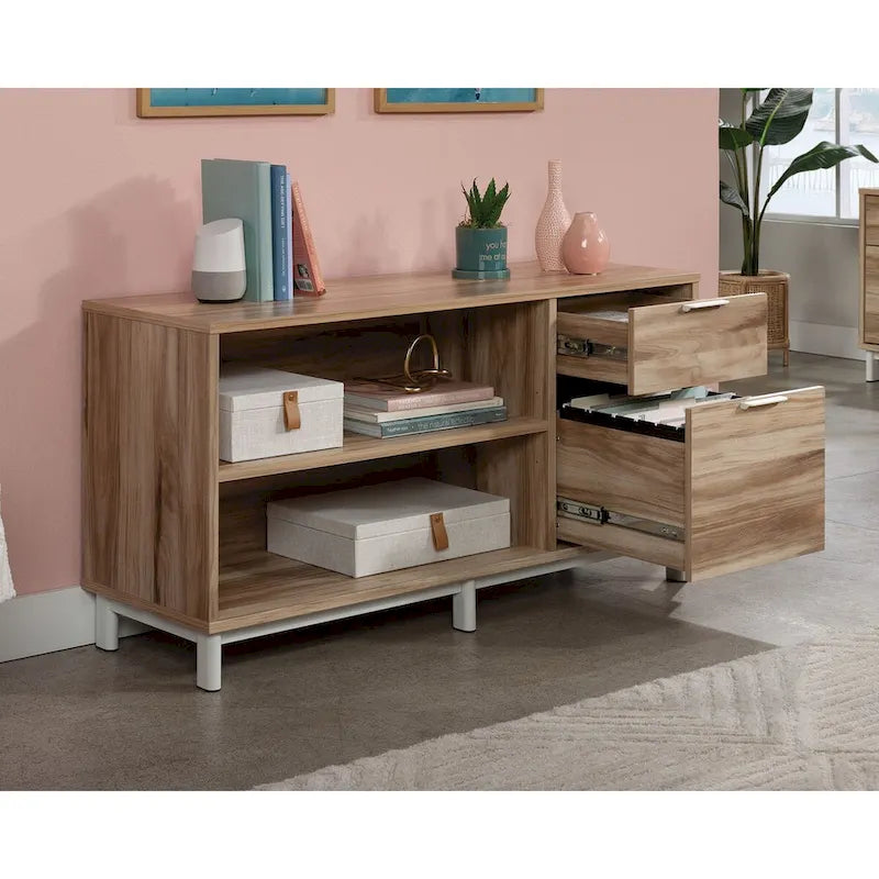 File Credenza with Drawers and Open Shelving - Kiln Acacia