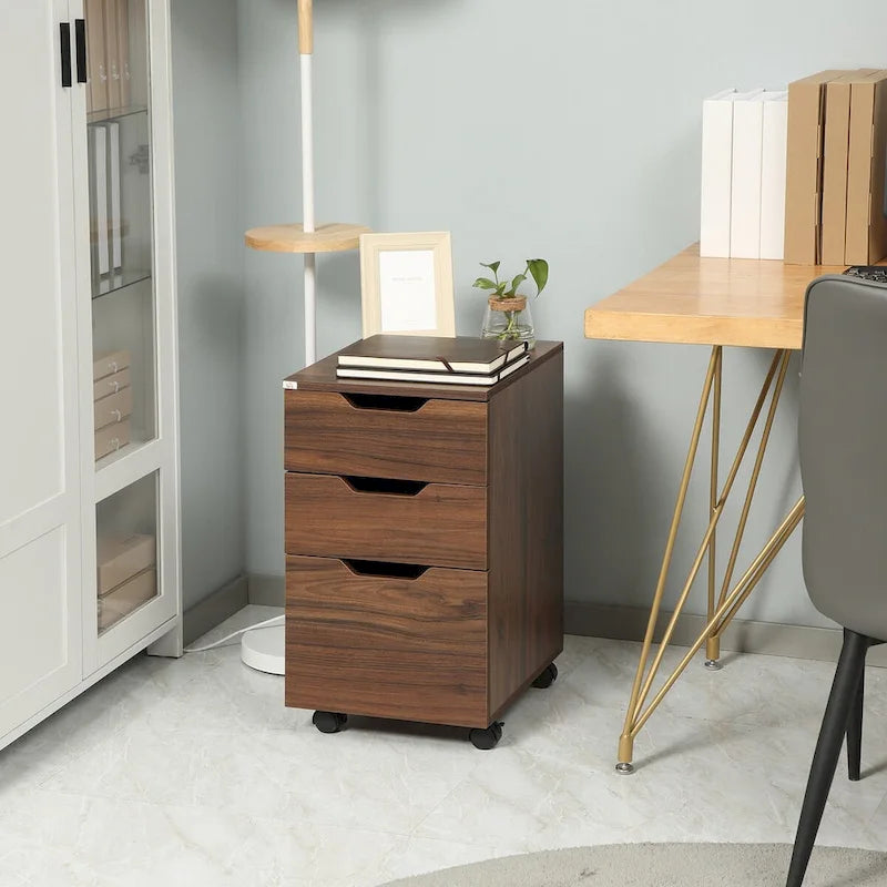 3 Drawer Office Storage Cabinet, Under Desk Cabinet with Wheels for Bedroom, Living Room, Brown Wood Grain