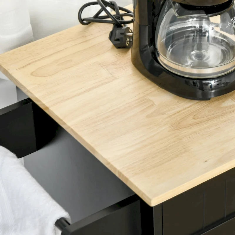 Kitchen Cart with Wood Top, Storage Drawers, 3-door Cabinets, Adjustable Shelves and Towel Rack, Black