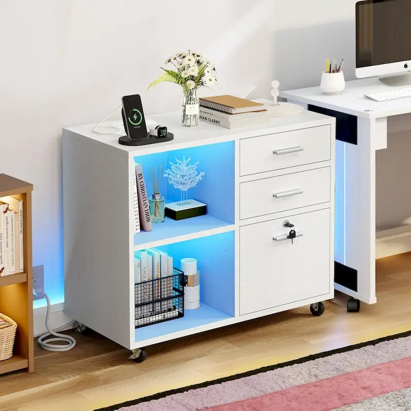 3 Drawers Mobile LED Light Filing Cabinet with Charging Station Fit for A4/Letter Size