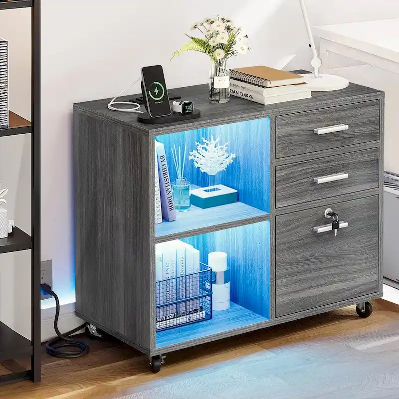 3 Drawers Mobile LED Light Filing Cabinet with Charging Station Fit for A4/Letter Size