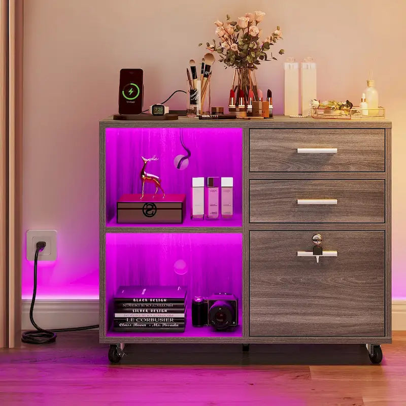 3 Drawers Mobile LED Light Filing Cabinet with Charging Station Fit for A4/Letter Size