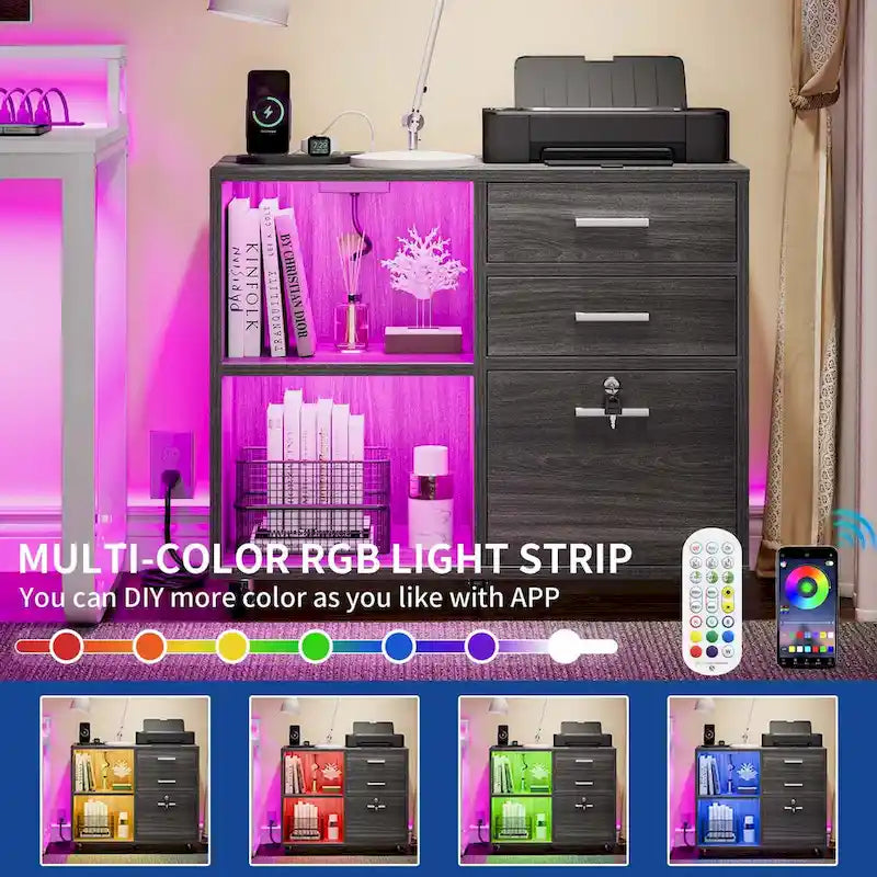 3 Drawers Mobile LED Light Filing Cabinet with Charging Station Fit for A4/Letter Size