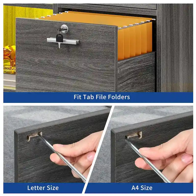 3 Drawers Mobile LED Light Filing Cabinet with Charging Station Fit for A4/Letter Size