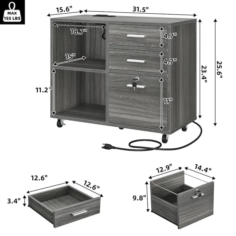 3 Drawers Mobile LED Light Filing Cabinet with Charging Station Fit for A4/Letter Size