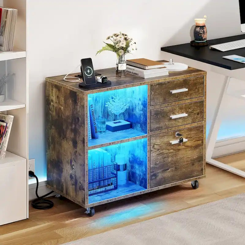 3 Drawers Mobile LED Light Filing Cabinet with Charging Station Fit for A4/Letter Size