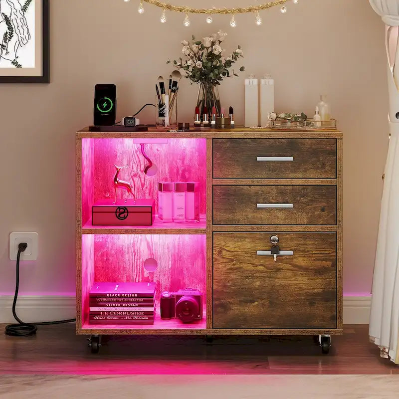 3 Drawers Mobile LED Light Filing Cabinet with Charging Station Fit for A4/Letter Size