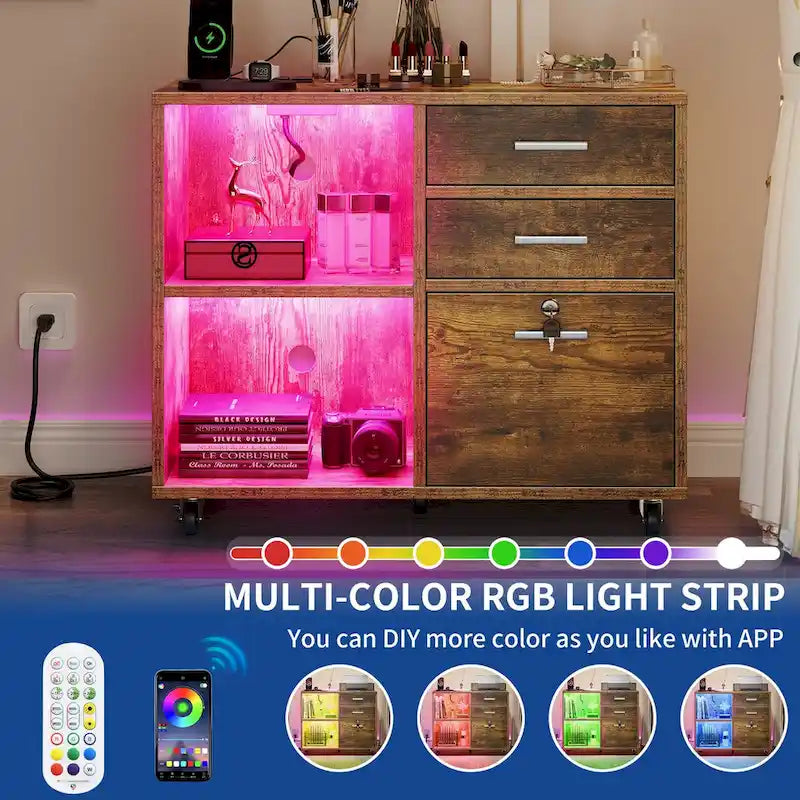 3 Drawers Mobile LED Light Filing Cabinet with Charging Station Fit for A4/Letter Size