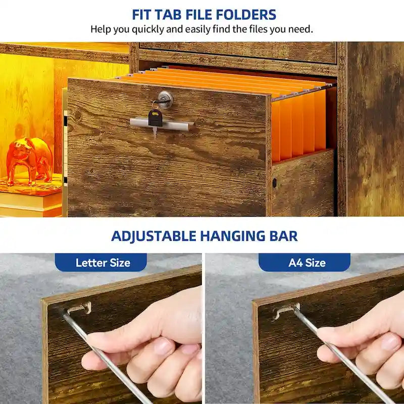 3 Drawers Mobile LED Light Filing Cabinet with Charging Station Fit for A4/Letter Size