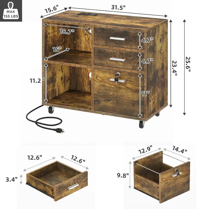 3 Drawers Mobile LED Light Filing Cabinet with Charging Station Fit for A4/Letter Size