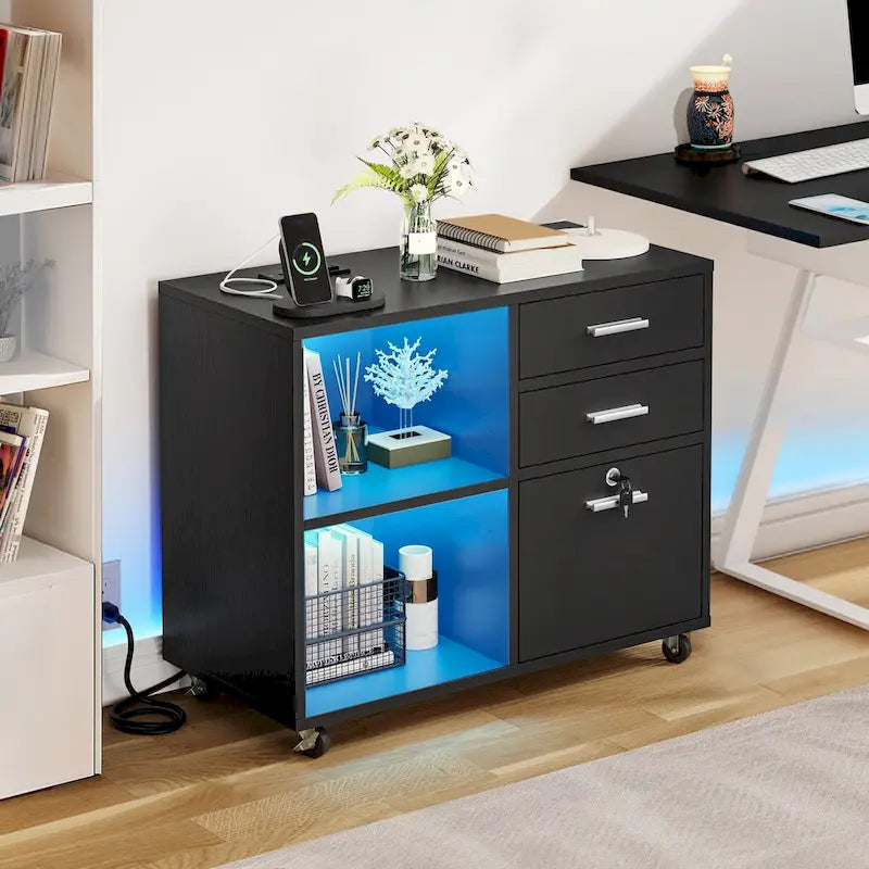 3 Drawers Mobile LED Light Filing Cabinet with Charging Station Fit for A4/Letter Size