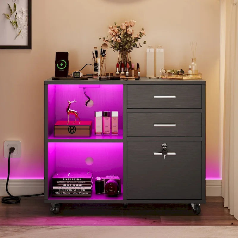 3 Drawers Mobile LED Light Filing Cabinet with Charging Station Fit for A4/Letter Size