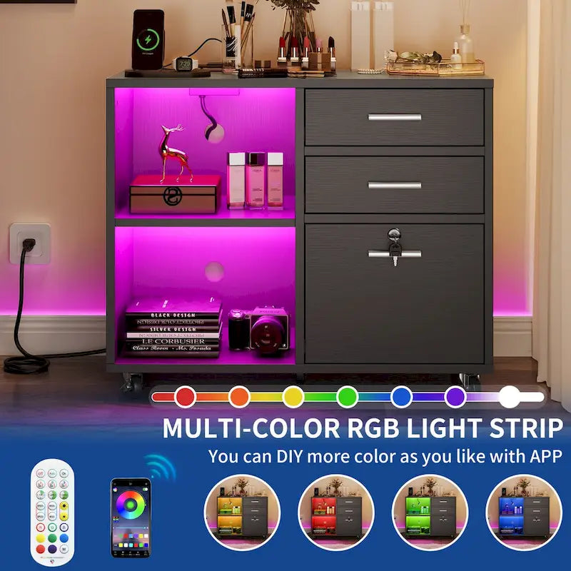 3 Drawers Mobile LED Light Filing Cabinet with Charging Station Fit for A4/Letter Size