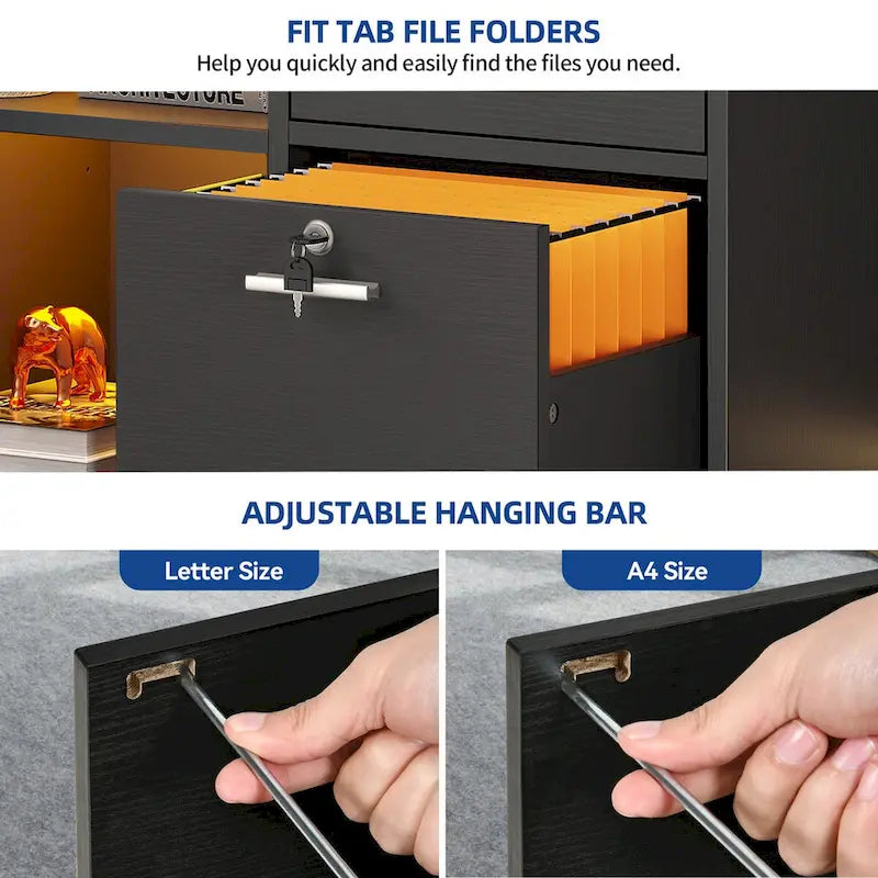 3 Drawers Mobile LED Light Filing Cabinet with Charging Station Fit for A4/Letter Size